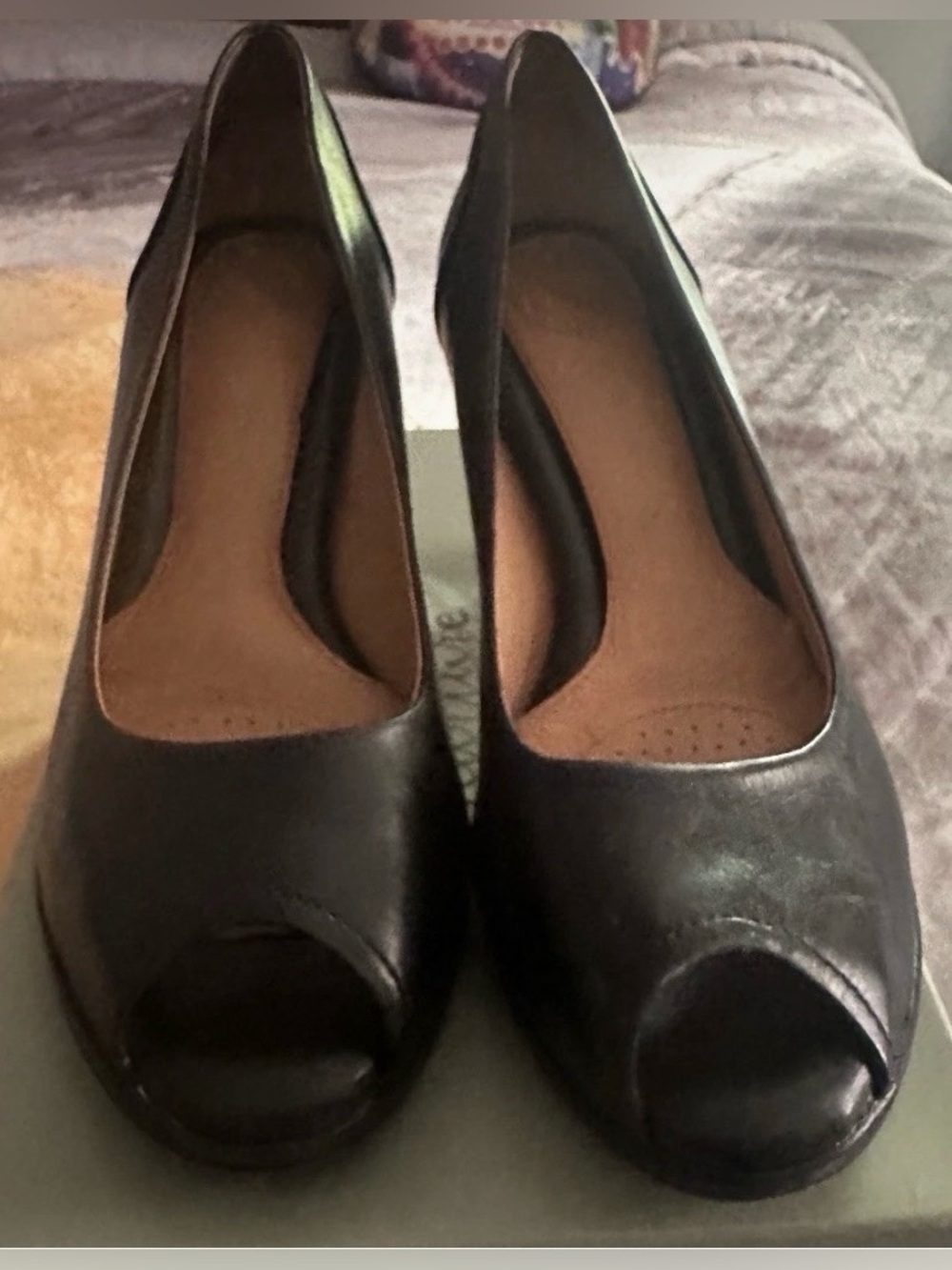Nurture Black Leather Peep Toe Pumps 2.5” Mid Heel Comfort Dress Shoes